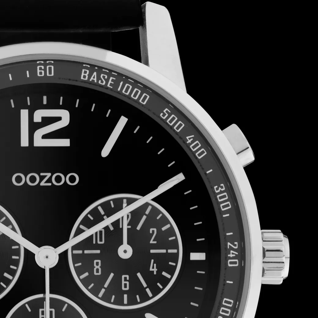 Zilverkleurige OOZOO horloge met zwarte leren band - C10813