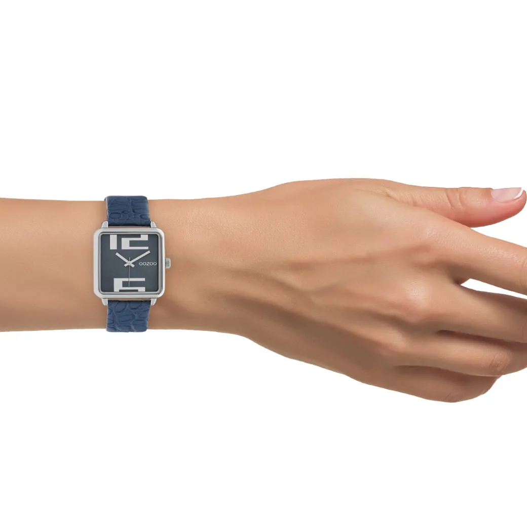Zilverkleurige OOZOO horloge met donker blauwe leren band - C10366