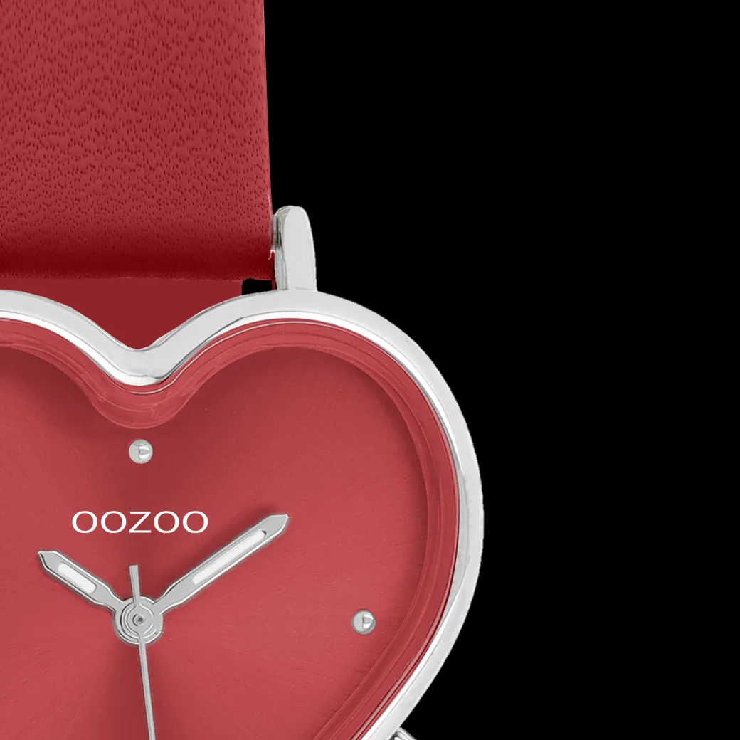 Zilverkleurige OOZOO horloge met rode leren band - C11448