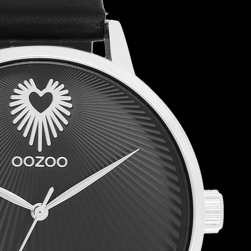 Zilverkleurige OOZOO horloge met zwarte leren band - C11241