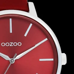 Zilverkleurige OOZOO horloge met dahlia rood leren band - C11299