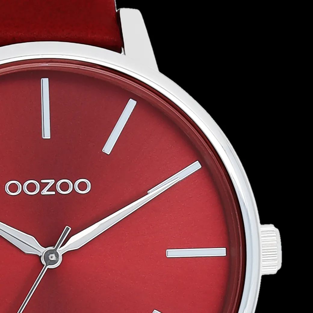 Zilverkleurige OOZOO horloge met dahlia rood leren band - C11299