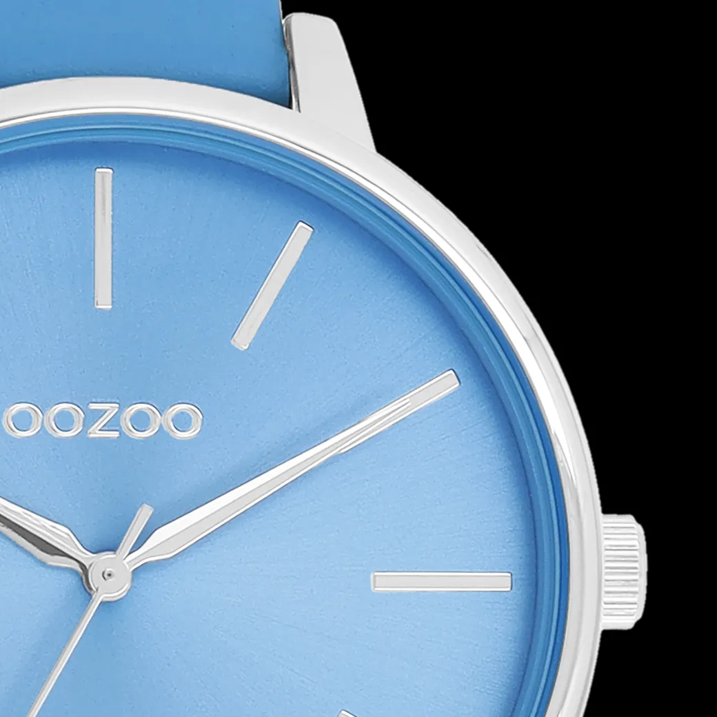 Zilverkleurige OOZOO horloge met mineraal blauwe leren band - C11296