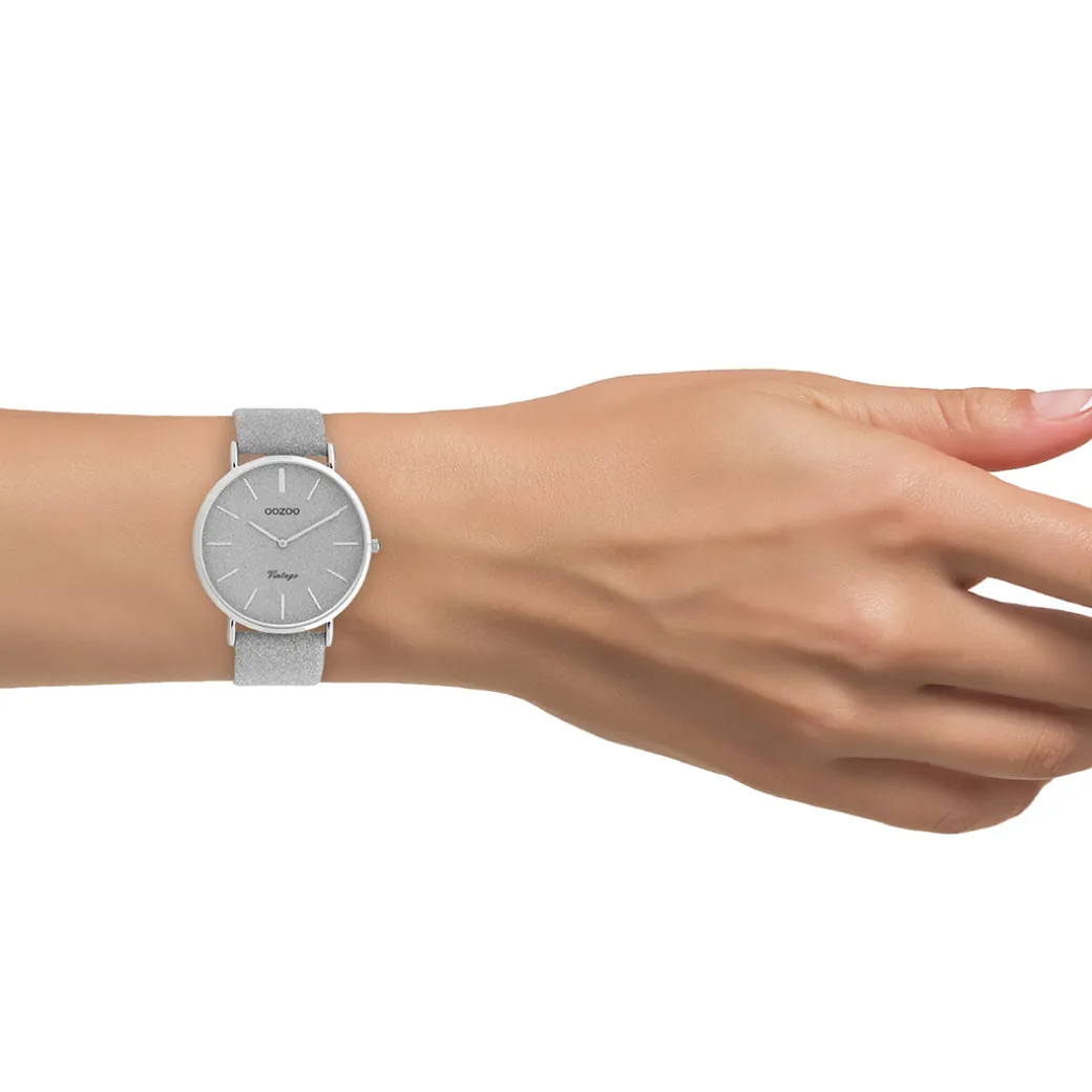 Zilverkleurige OOZOO horloge met leren band - C20160