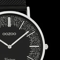 Zilverkleurige OOZOO horloge met zwarte metalen mesh armband - C20140