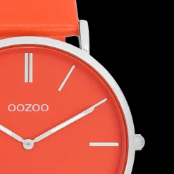 Zilverkleurige OOZOO horloge met rood/oranje leren band - C20320