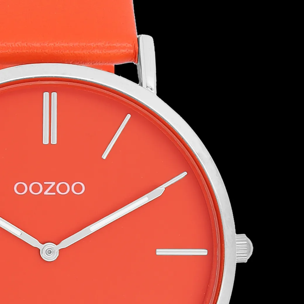 Zilverkleurige OOZOO horloge met rood/oranje leren band - C20320