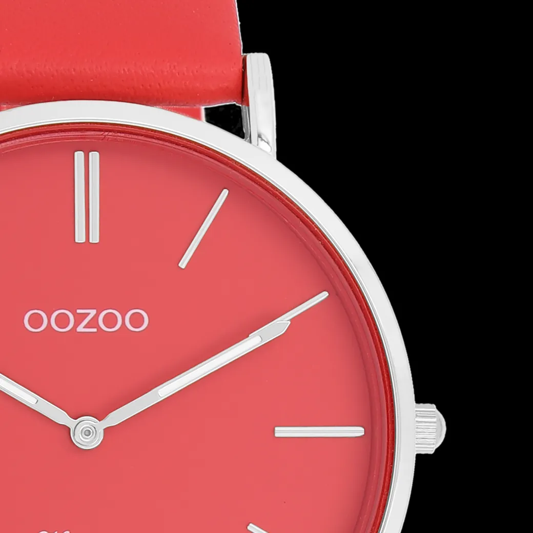 Zilverkleurige OOZOO horloge met chili peper rode leren band - C20324