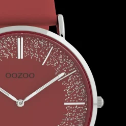 Zilverkleurige OOZOO horloge met rode leren band - C20129