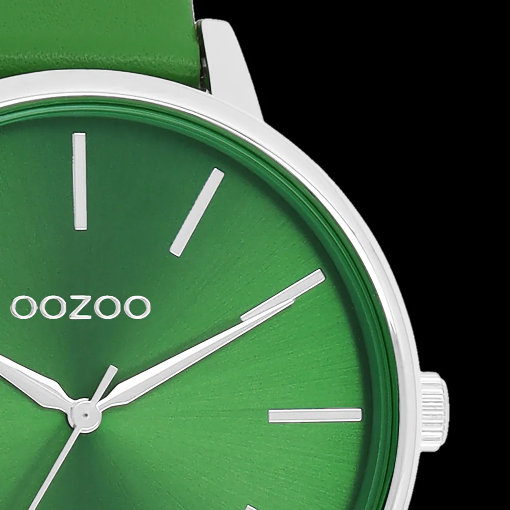 Zilverkleurige OOZOO horloge met groene leren band - C11297