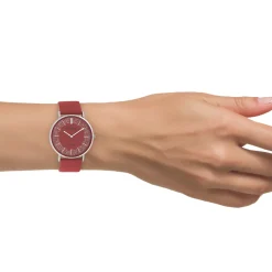 Zilverkleurige OOZOO horloge met rode leren band - C20129