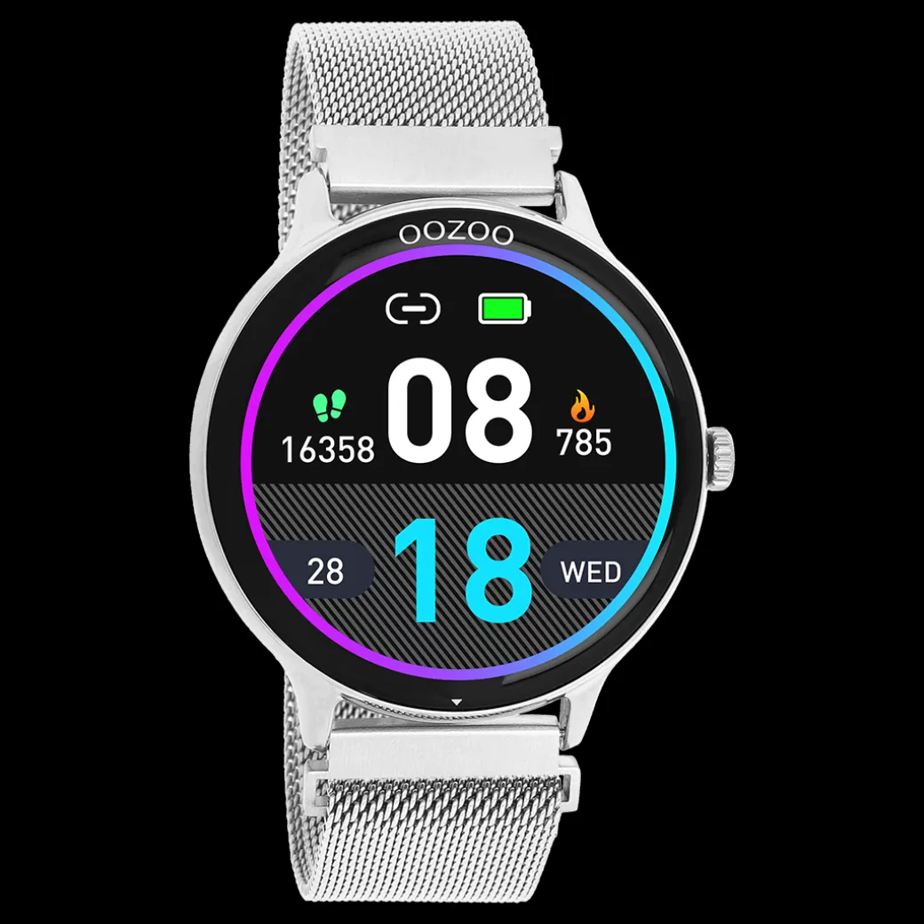 Zilverkleurige OOZOO smartwatch met zilverkleurige metalen mesh armband - Q00135