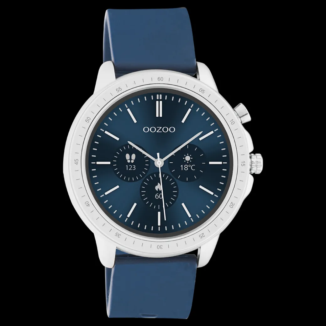 Zilverkleurige OOZOO smartwatch met donker blauwe rubber band - Q00315