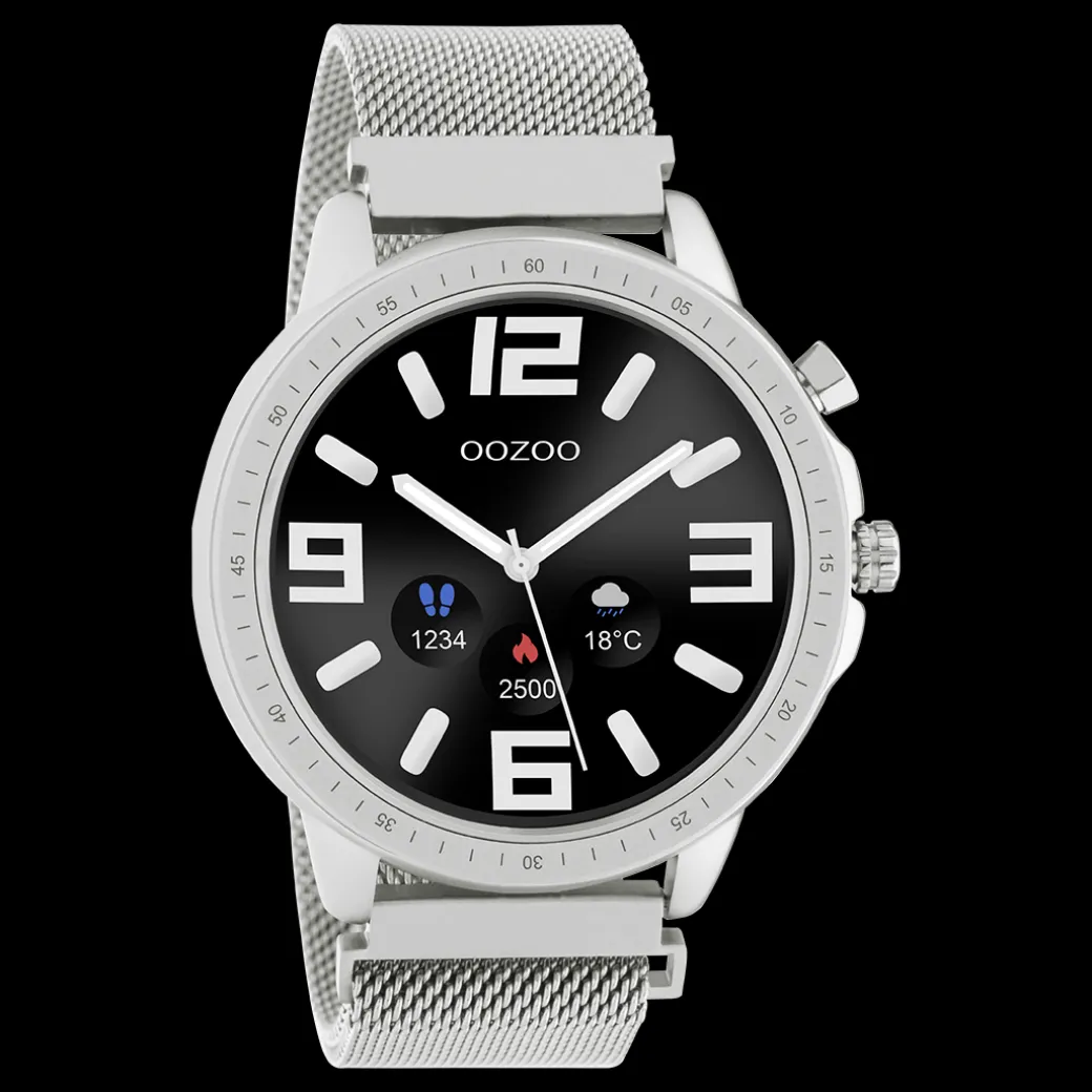 Zilverkleurige OOZOO smartwatch met zilverkleurige metalen mesh armband - Q00305