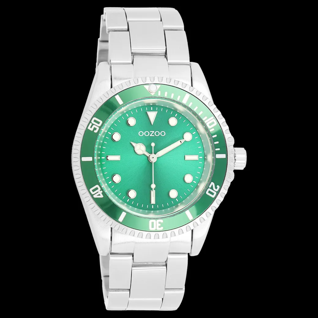 Zilverkleurig/groene OOZOO horloge met zilverkleurige roestvrijstalen armband - C11146