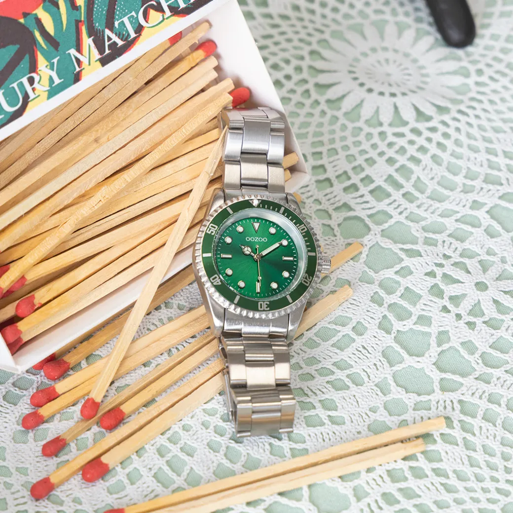 Zilverkleurig/groene OOZOO horloge met zilverkleurige roestvrijstalen armband - C11146