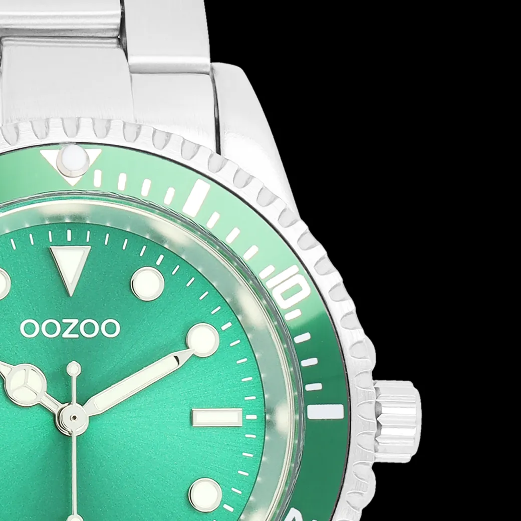 Zilverkleurig/groene OOZOO horloge met zilverkleurige roestvrijstalen armband - C11146