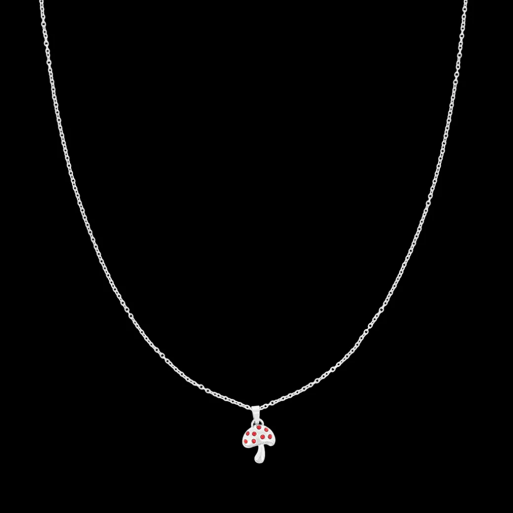Zilverkleurig/rode ketting met een paddenstoel bedeltje