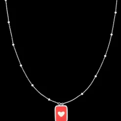 Zilverkleurig/rode ketting met een hart plaatje