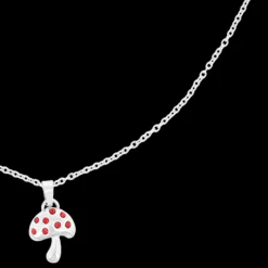 Zilverkleurig/rode ketting met een paddenstoel bedeltje