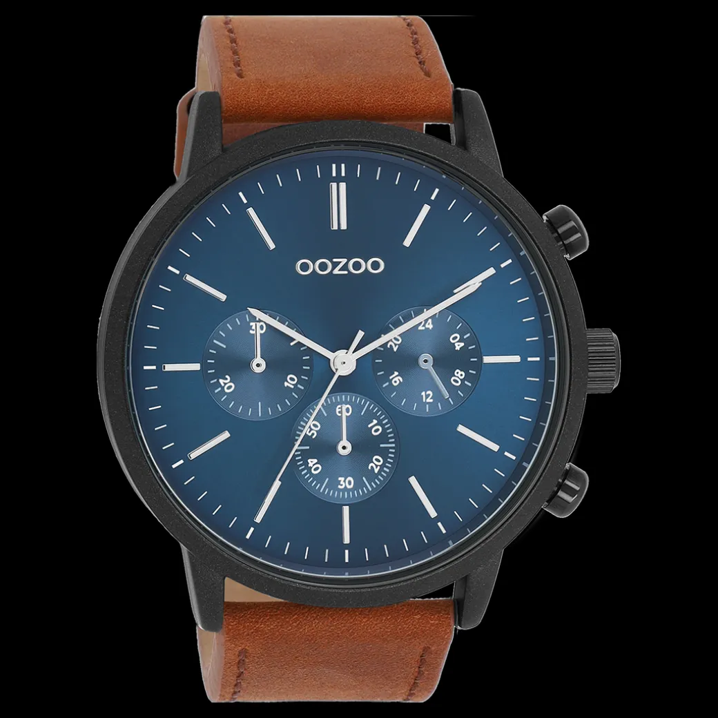 Zwarte OOZOO horloge met bruine leren band - C11202