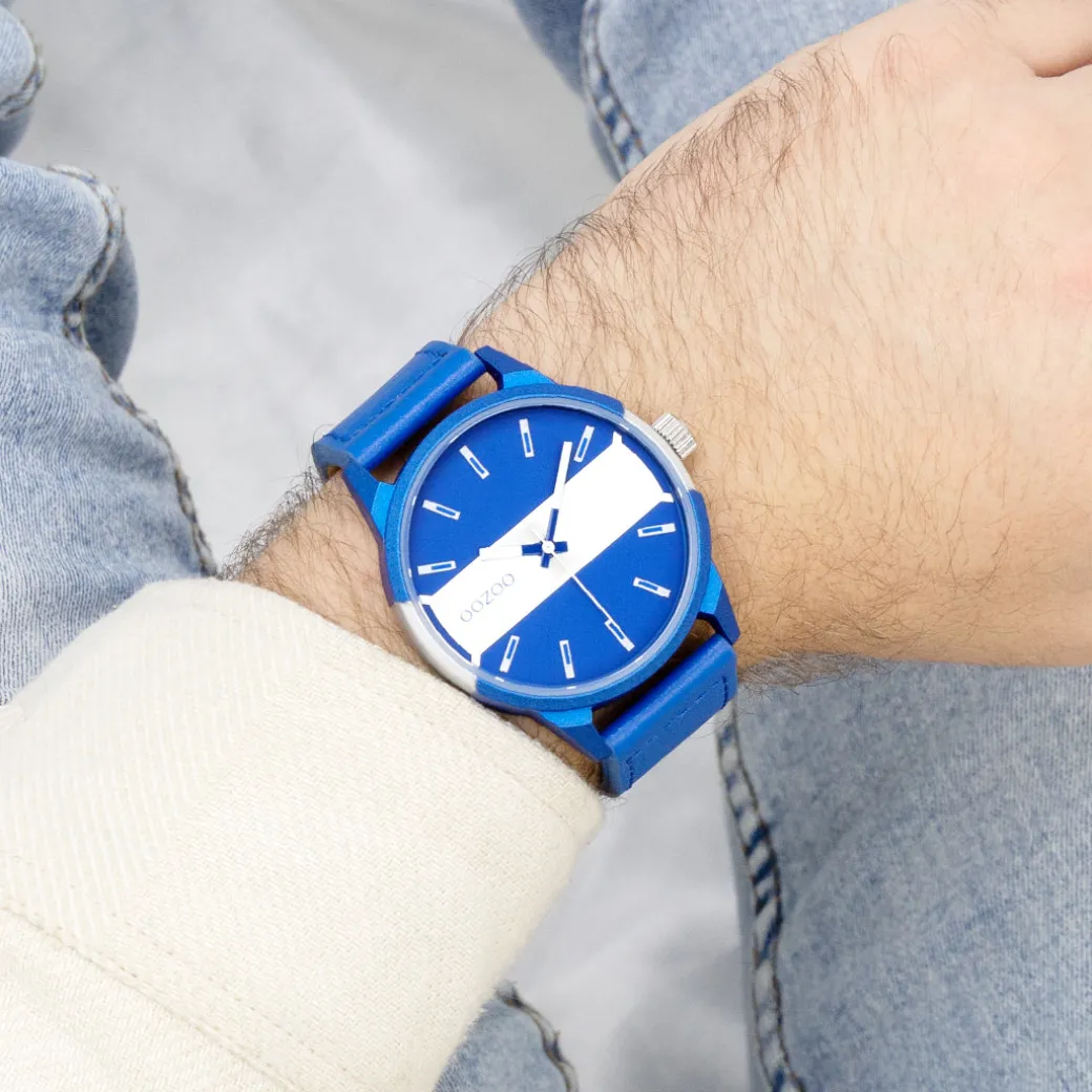 Zwarte OOZOO horloge met jeans blauwe leren band - C11442