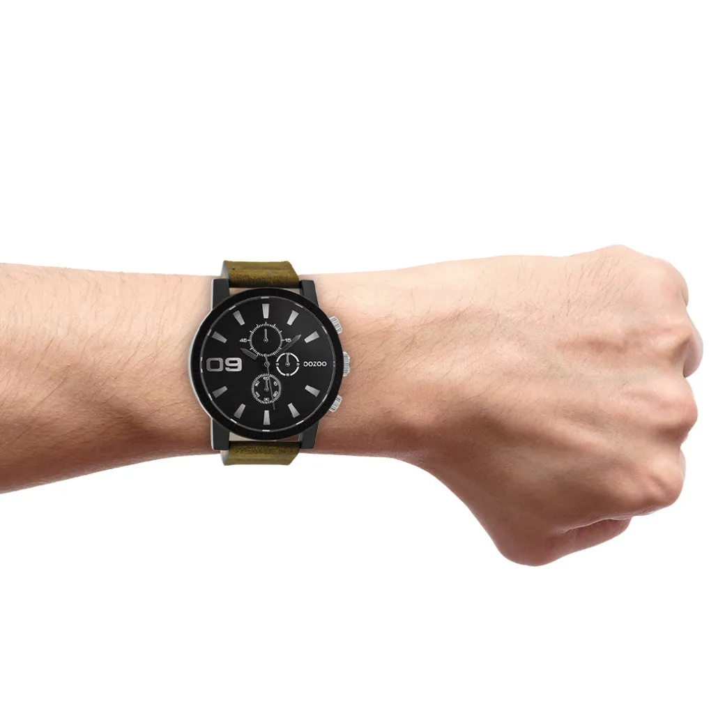 Zwarte OOZOO horloge met bruine leren band - C9033