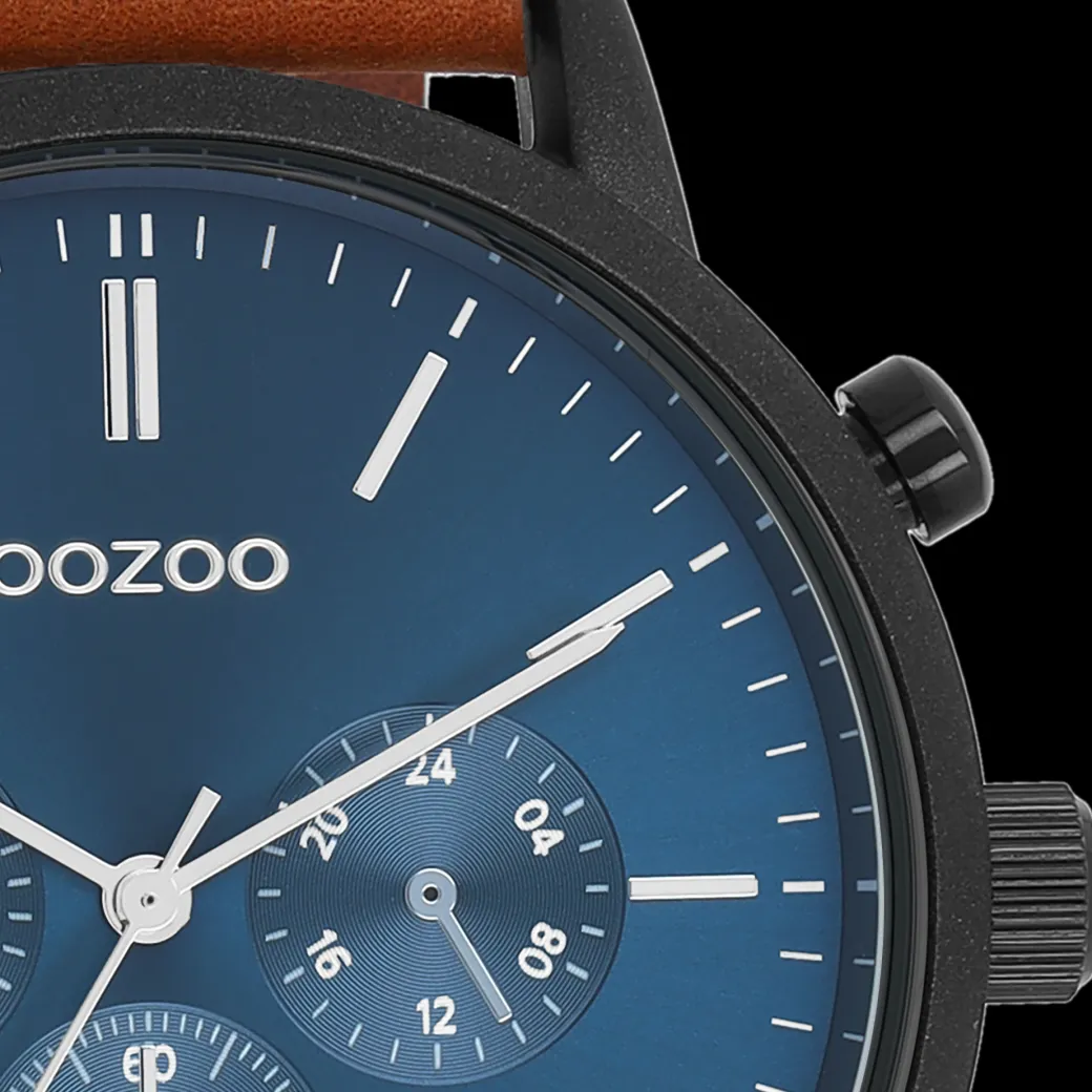 Zwarte OOZOO horloge met bruine leren band - C11202