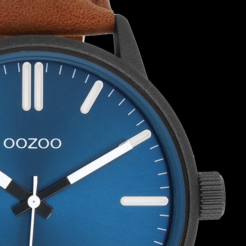 Zwarte OOZOO horloge met bruine leren band - C11401