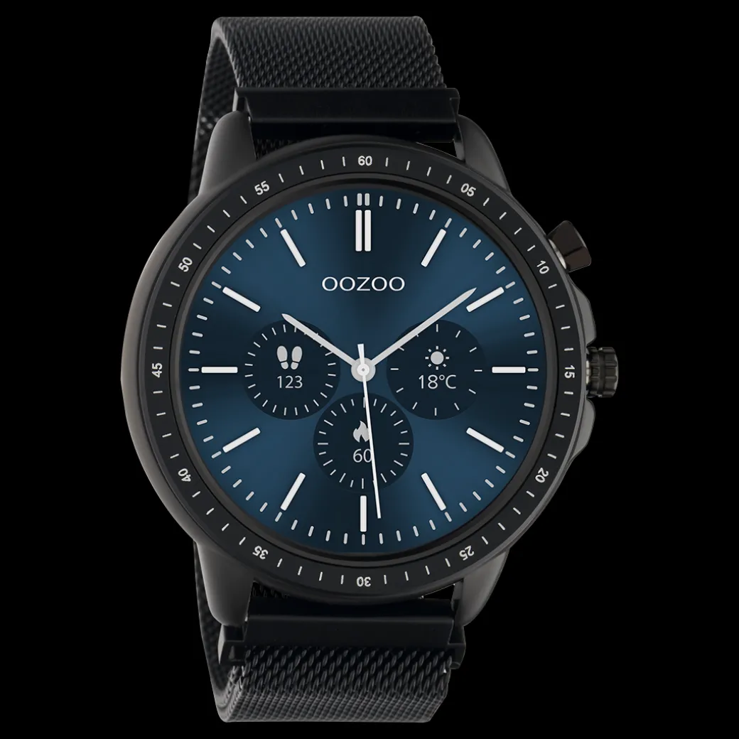 Zwarte OOZOO smartwatch met zwarte metalen mesh armband - Q00309