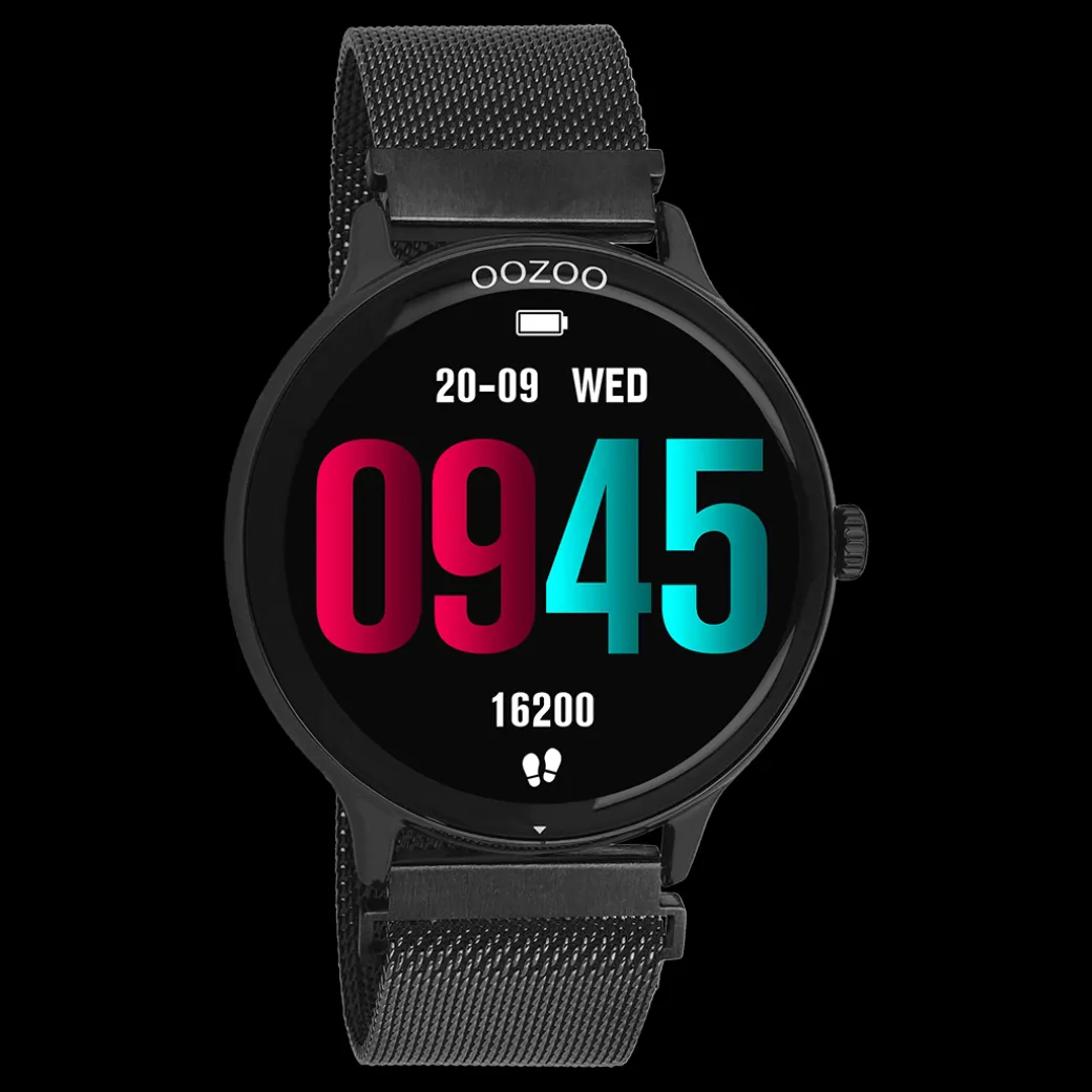 Zwarte OOZOO smartwatch met zwarte metalen mesh armband - Q00139