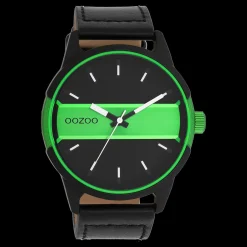Zwart/fluo groene OOZOO horloge met zwarte leren band - C11234